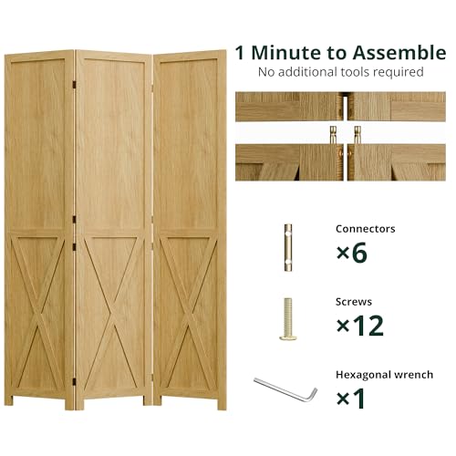 Cozy Castle Wood Room Divider, 3 Panel 66.9 Inch Privacy Screen, Folding Wall Divider, Barnwood Room Separator, Freestanding Partition, Temporary Wall for Decorative, Natural Cozy Castle