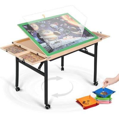 JoyPcsTable Puzzle Table 1500 Piece, 3-Angle Adjustable Jigsaw Puzzle Table with Drawers, Portable Puzzle Table with Legs & Cover, Folding Puzzle Table on Wheels for Adults, Gift for Mothers' Day