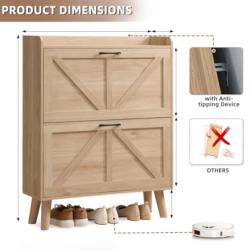 LEYAOYAO Shoe Storage Cabinet with 2 Flip Drawers,Narrow Shoe Storage Cabinet Organizer with Legs for Entryway Hallway, Living Room, Bedroom,Hidden Slim Storage Narrow Shoe Rack Cabinet,Natural LEYAOYAO