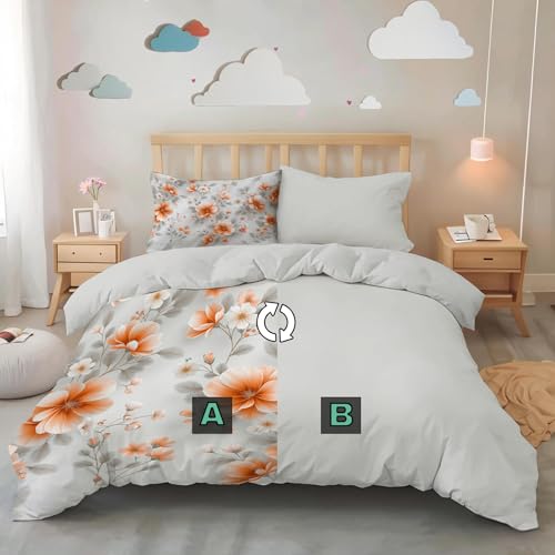 WIVCOMD Warm Orange Printed Duvet Cover Set - Modern Minimalist Bedding with 1 Pillowcases, Watercolor Wildflowers Soft Easy Care Microfibre Quilt Cover, Twin WIVCOMD