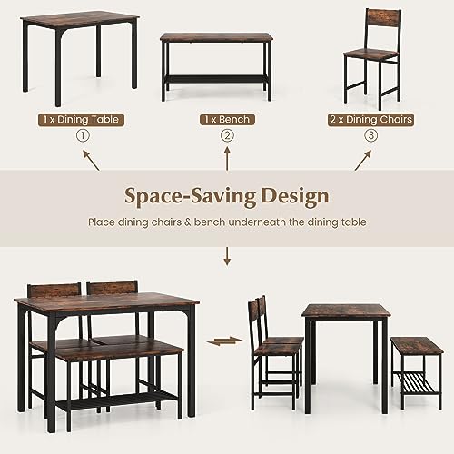 Moccha Dining Table Set for 4, Wooden Kitchen Table with with 2 Chairs and a Long Bench, Modern 4-Piece Dinette with Metal Frame & Storage Rack, Space-Saving Table Set for Dining Room, Rustic Brown LDAILY