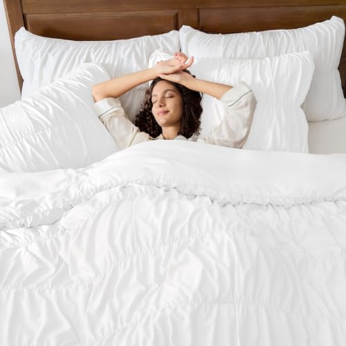Andency Ruched White Full Size Comforter Sets, Shabby Chic Pleatd Bedding Sets 3 Pieces, Lightweight Soft Boho Ruffle Bed Set for Girls, Kids, Women, All Season Andency