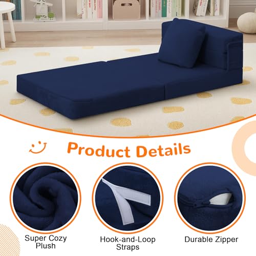 MeMoreCool Foldable Futon Chair Bed for Kids, Toddler Sofa Mattress, Convertible Foam Floor Couch, Tri-fold Sleeping Mattress (Navy) MeMoreCool