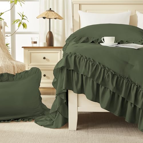 Andency Olive Green Twin Size Comforter Set (66x90Inch), 2 Pieces Fluffy Shabby Chic Ruffle Bedding Comforter Sets, All Season Soft Lightweight Bedding Set for Kids, College Dorm