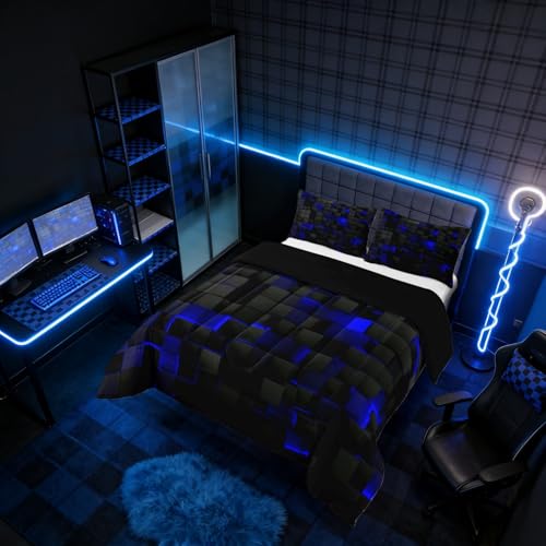 Erosebridal Black Navy Royal Blue Comforter Set Twin Neon Geometric Checkered Bedding Set for Teen Boys Gamer Room Decor,Abstract Stereoscopic Grids Quilt Square Plaid Check Bed Set 2 Pcs Erosebridal