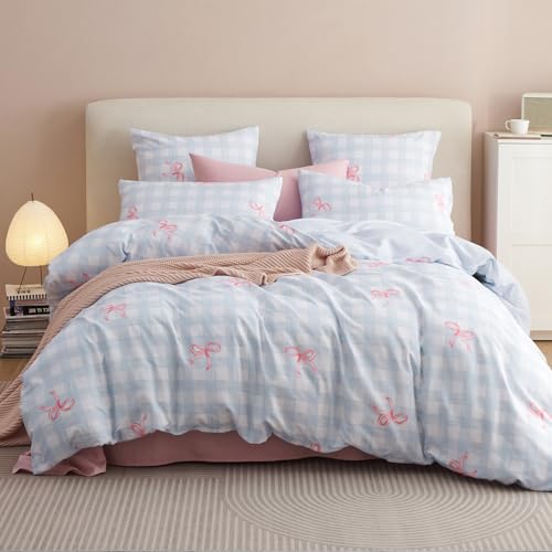 Bildenly Blue Plaid Queen Comforter Set - Pink Bow Comforter Set Queen Size, Gingham Quilt Bedding Set 3 Pieces, Soft & Lightweight Comforter(90‘’ x 90‘’) for Girl & 2 Pillowcases(30‘’x20‘’) Bildenly