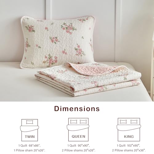 Joyreap Twin Size Quilt Set for Girls, Floral Pink n White Design, 2pcs Soft n Cozy Microfiber Quilt, Bedspread Bed Cover for All Season- 68x88 inches Joyreap
