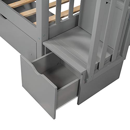 MERITLINE Solid Wood Bunk Bed with Staircase Storage, Full Over Full Bunk Bed with Drawers for Kids, Teens & Adults, Space Saving Design (Gray) MERITLINE