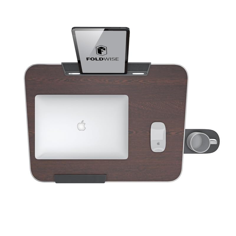 FoldWise Foldable Laptop Table - Wooden Height Adjustable Couch Table & Portable Laptop Desk with Footrest, Edge Stopper, Cupholder, Tablet Holder & Tilting Desktop FoldWise