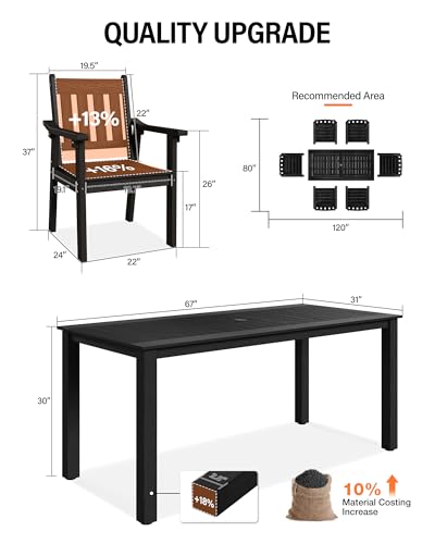 YEFU HIPS Patio Table Set: 10 Piece Outdoor Table and Chairs Dining Furniture Set with Umbrella Hole - Black Modern Plastic Dining Sets 8 Person for Outside Deck with Metal Aluminum Frame YEFU
