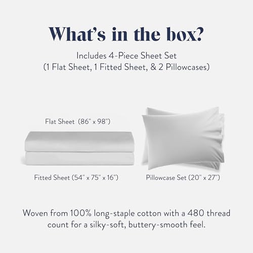 Brooklinen Luxury Sateen 4 Piece Sheet Set - 100% Cotton Bed Sheets, Soft & Durable Full Size Sheets Set in White, Oeko-TEX Certified Bedding Set - 1 Fitted Sheet, 1 Flat Sheet, 2 Pillowcases Brooklinen