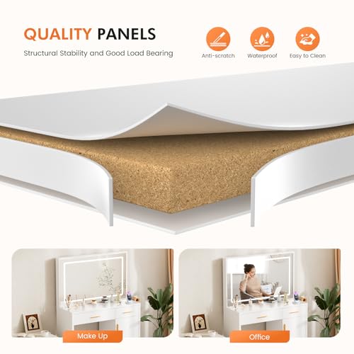 Sweetcrispy Vanity Desk with 35.4" LED Mirror and Lights, Makeup Vanity Table with Charging Station (2AC/USB/C), 2 Drawers & Large Cabinet, 3 Lighting Color Adjustable, Modern Dressing Table, White Sweetcrispy