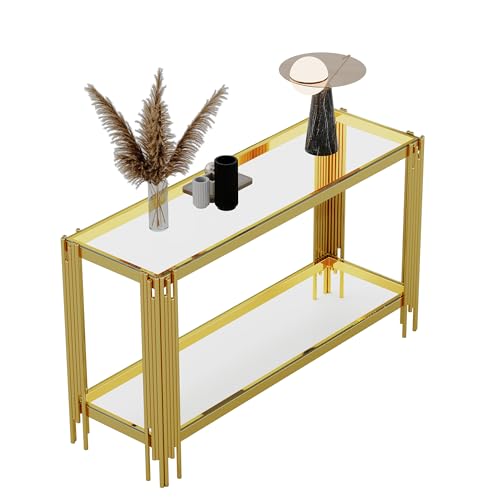 HomVent Rectangular Glass Console Table, Modern Side Sofa Table w/2 Layer Tempered Glass Living Room Table and Mirror Finished Stainless Steel Frame for Living Room Office (Gold, Console Table) HomVent