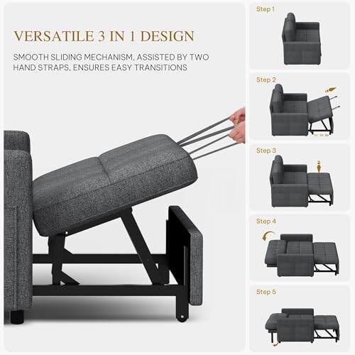 YITAHOME 55" Convertible Sofa Bed, 3-in-1 Sleeper Sofa with Iron Frame Pull-Out Bed, Linen Futon Couch with Reclining Backrest and Side Pocket, Modern Loveseat for Living Room Bedroom Apartment, Grey YITAHOME