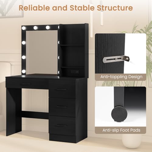 GOFLAME Makeup Vanity Desk with Lights, Modern Dressing Table with Charging Station, Hair Dryer Holder, 4 Large Drawers & 3-Tier Hutch, 3-Color Lights Adjustable, Black Vanity Table for Bedroom GOFLAME