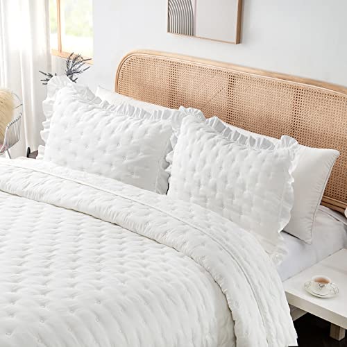 HIARUO 2-Piece Twin Quilt Set - Soft Warm Ultrasonic Reversible Pleated Ruffled Coverlet Bedspread Set (68 x 90 Inch) with 1 Pillow Sham (20 x 26 Inch), Lightweight White HIARUO