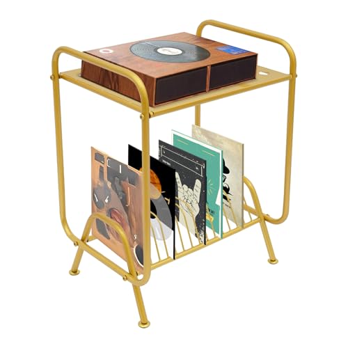 ARPITUYN 2-Tier Record Player Stand with Record Storage Shelf, Free Standing Metal Record Storage Rack with 16 Slots, Modern Player Table for Living Room, Bedroom (Gold) ARPITUYN