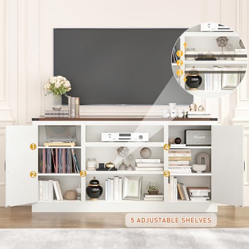 Hlivelood 66" Farmhouse TV Stand with Power Outlets for 75 65 Inch TVs, 33" Tall Entertainment Center with Storage Cabinets w/Adjustable Shelves, Rustic Large TV Media Console for Living Room, White Hlivelood