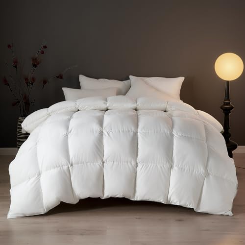 DWR Superior Luxury Feather Down Comforter King Size, Ultra-Soft Rose-Silk Cotton-Blend Fabric, High FP All Season Medium Warmth Bed Duvet Insert(106"x90", White) DWR