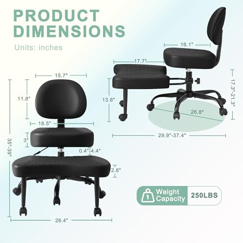 GUNJI Ergonomic Criss Cross Legged Office Chair, 360° Swivel Meditation Kneeling Chair with Wheels, ADHD Chair with Footrest, Lumbar Support, Wider Height Adjustable Seat (Faux Leather, Black) GUNJI