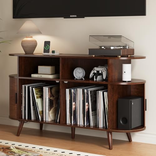 FURSUN 55" Large Round Record Player Stand, Record Storage Cabinet Holds Up 300 Albums with Charging Station & USB Ports, Fluted Modern Turntable Stand for Bedroom, Living Room, Dark Walnut FURSUN