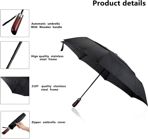 Travel Umbrella 54Inch, Windproof Umbrella,Rain Umbrellas,Large Umbrella,Strong and Portable,Golf 210T Vented for Men and Women,Wooden Handle by Pattecor(Black) Nothers
