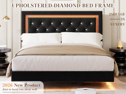 Garvee Floating Bed Frame Queen Size with Smart Led Lights, Upholstered Platform Bed with Diamond Headboard, Solid Wood Slats Support, No Box Spring Needed, Noise-Free, Easy Assembly, Black Garvee