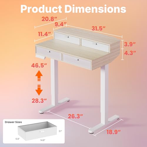 HUANUO 32 x 20 inch Electric Standing Desk with 4 Drawers, Adjustable Height Sit Stand Home Office Desk, C-Clamp Mount Compatible, Ergonomic Stand up Desk with 4 Preset Heights, Natural HUANUO