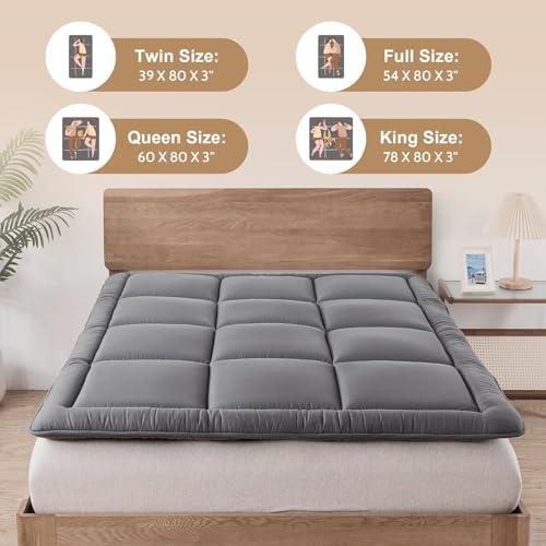 WhatsBedding Japanese Floor Mattress Futon Mattress 3" Grey Tatami Mat Shredded Memory Foam Filled Sleeping Pad, Foldable & Portable Roll Up Lounger Camping Bed for Kids and Adult,Queen Size 60"x 80" WhatsBedding