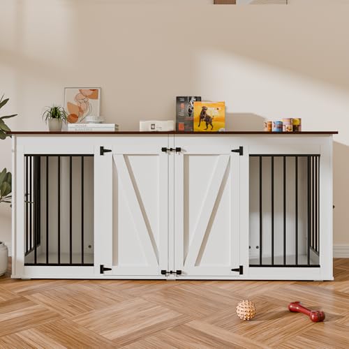 Zamildon's 71 in Dog Crate Furniture for 1 or 2 Dogs, Large Double Dog Kennel Furniture TV Stand, Furniture Style Dog Crates End Table with Removable Divider, Dog Kennel Indoor Zamildon's
