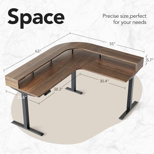 HUANUO Electric L Shaped Stadning Desk with LED Strip & Power Outrlets, 63" x 55" 2-Tier Height Adjustable Sit Stand up Desk with Power Strip Holder, Ergonomic Corner Computer Table, Walnut HUANUO