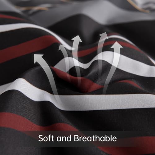 Luxudecor Black and Red Comforter Set Queen Size, 7 Pieces Stripe Geometric Bed in a Bag, Marble Comforter and Sheet Set, Soft Microfiber Complete Bedding Sets for All Seasons Luxudecor