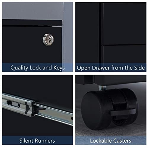 3 Drawer Mobile File Cabinet with Lock, Metal Filing Cabinet with Wheels, Under Desk Storage Cabinet for Home Office, Fully Assembled, Black WoodArtSupply