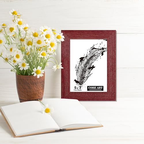 CORE ART 5x7 Picture Frame, Handmade Wood Rustic Red Photo Frame Set of 2, High Definition Semi-tempered Glass Wall or Tabletop Display CORE ART
