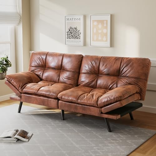 Opoiar 71" L Covertible Futon Sofa Bed,Faux Leather Futon Couch, Memory Foam Modern Loveseat Sleeper, Small Splitback Sofa Couches for Living Room,RV,Home Office,Apartment,Brown Opoiar