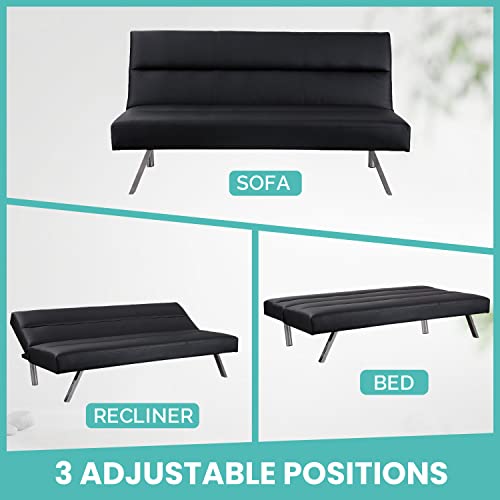 Naomi Home Zoe Futon Sofa Bed, Faux Leather Futon Couch, Modern Convertible Folding Sofa Bed Couch with Chrome Legs, Reclining Mini Couch, Leather Futon Small Couch for Bedroom Living Room Black Naomi Home