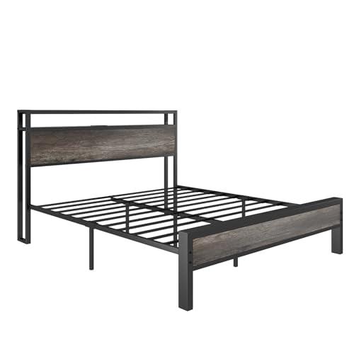 AMERLIFE Industrial Queen Size Bed Frame with Charging Station & 2-Tier Storage Headboard in Rustic Grey AMERLIFE
