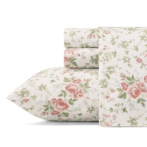 Laura Ashley - Queen Sheet Set, Buttery-Soft Bed Sheets with a Naturally Silky Smooth Cotton Sateen Lightweight Feel - Matching Pillowcases & Fitted Sheet (Lilian Coral) Laura Ashley