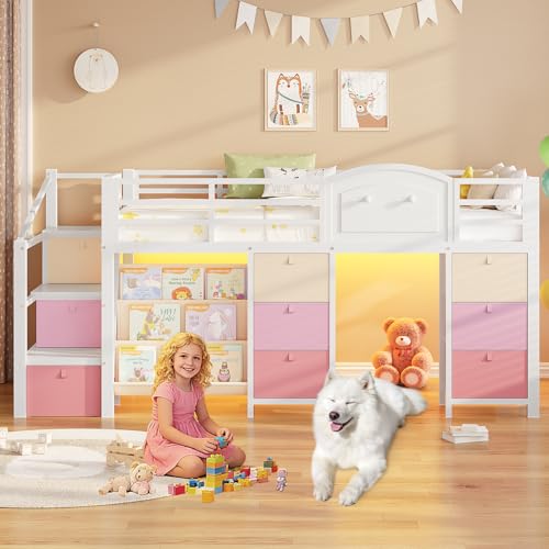VIAGDO Low Loft Bed Twin Size with 9 Storage Drawers, Bookcase and LED Lights, Metal Kids Loft Bed with Wide Staircase, Open Shelves and Safety Guardrail, Twin Loft Bed with Under-Bed Playhouse, White VIAGDO