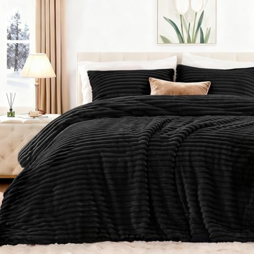 EXQ Home Fluffy Comforter Set Queen Size - Super Soft Faux Fur Stripe Jacquard Comforter 3 Pieces, Black Fleece Bedding Set,Winter Warm Bed Set,1 Comforter with 2 Pillowcases EXQ Home