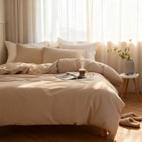Simple&Opulence French Linen Duvet Cover Set 104"x 92"- 3 Pieces (1 Comforter Cover,2 Pillowcases)-Natural Flax Cotton Blend-Solid Color Breathable Farmhouse Bedding-Linen/Beige, King