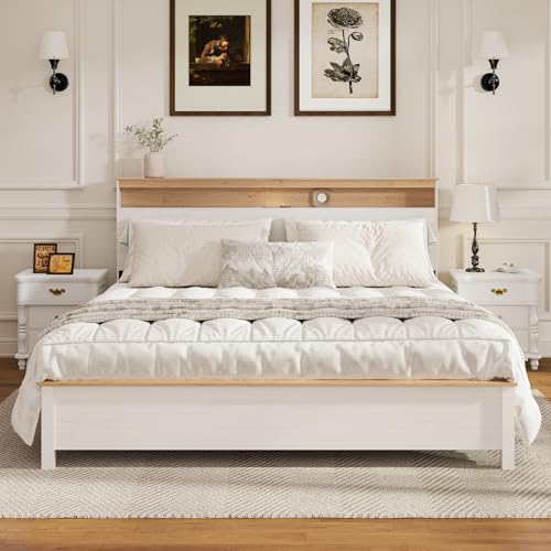 HoldoLife Bed Frame with Tall Headboard, King Size Platform Bed with Charging Station & LED Light, Modern Bedframe, Metal Support No Box Spring Needed, White Oak Finish HoldoLife