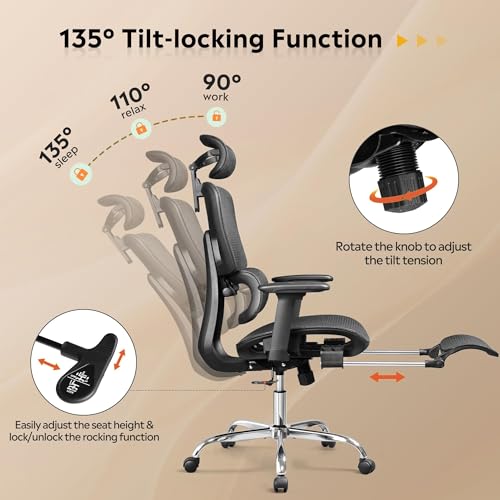 DEVAISE Ergonomic Mesh Office Desk Chair with a Footrest, Heavy Duty, High Back Reclining Swivel Comfy Home Computer Chair with Lumbar Support, SGS Class 4 Gas Lift, for Work Home Office, Black DEVAISE