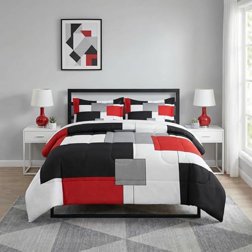 WeCozy Full Size Comforter Set with 2 Pillowcases, Black White Red Geometric Soft 3 Pcs Bedding for Kids and Adults Bedroom Bed Decor WeCozy