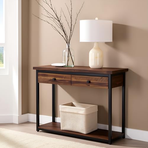 Claremont 43-Inch Solid Wood Console Table with Drawers and Lower Shelf – Rustic Industrial Entryway, Sofa, or TV Table with Acacia Wood Top and Black Metal Frame by Alaterre Furniture (Dark Brown) Alaterre Furniture