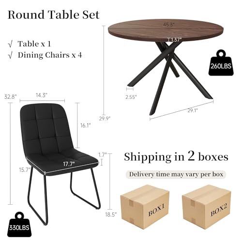 HIPIHOM 45.3 Inch Round Dining Table Set for 4, Mid Century Modern MDF Coffee Set for Dining Room Kitchen Apartment (Dark Walnut Table + 4 U-Shaped Black Chairs) HIPIHOM