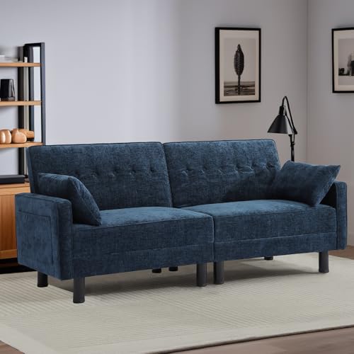 Futon Sofa Bed,Convertible Loveseat Sleeper Sofa Bed Modern Loveseat Futon Couch with Storage/Adjustable Backrest/2 Pillows,Small Blue Couches for Living Room Furniture (Blue, 2-Seater) Generic