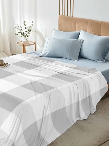 Cal King Size Flat Bed Sheet,Grey White Plaid Microfiber Brushed Single Flat Sheet Only,Modern Geometric Minimalist Grid Soft & Breathable Top Sheet Lightweight Quilt Hotel Luxury Bedding for Women ZOE GARDEN
