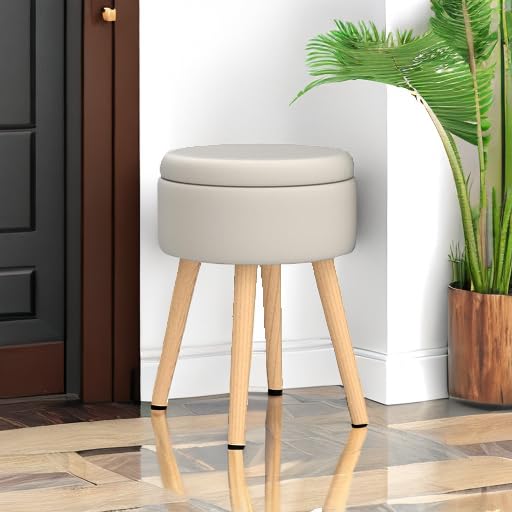Mxfurhawa Storage Ottoman Linen Round Vanity Stool Tray Top Modern Foot Stool with Wood Legs Multifunctional Upholstered Foot Ottoman Rest for Living Room, Bathroom, Makeup (White) Mxfurhawa