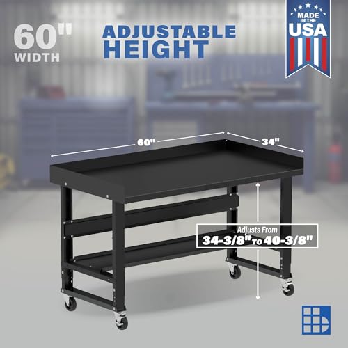 Borroughs® 60" Rolling Adjustable Workbench, 12-Gauge Steel Heavy-Duty Workstation w/Bottom Shelf & Edge Guards, 750 LBS Load Capacity Worktable for Borroughs